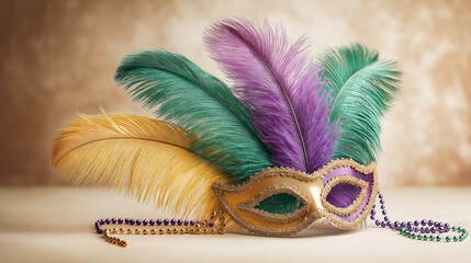 Carnival mask decorated with feathers is placed on a wooden table with colorful beads. Festive banner with space for text is suitable for carnival designs and holiday themes.