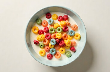 Bright multicolored cereal rings floating in milk, photographed from above in a ceramic bowl on a light neutral background, concept of breakfast