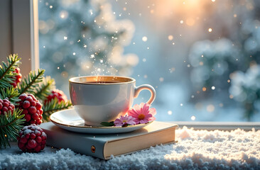 Cup of tea on book with pink flowers and pine berries on snowy windowsill, warm sunlight, cozy winter morning atmosphere