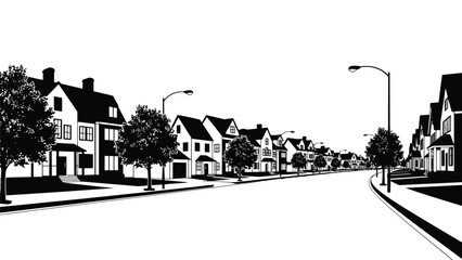 A black and white illustration of a quiet suburban street with houses © Design lens