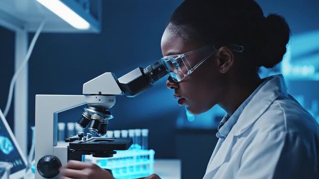 A female scientist in a white lab coat peers into a microscope under cool blue lab lighting at work