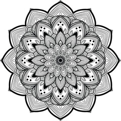 Intricate black and white mandala with radiating petal shapes and geometric patterns