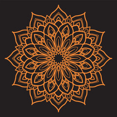 Intricate orange mandala pattern with starburst center on black background