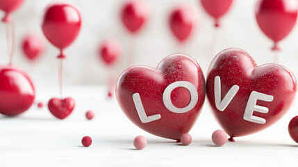 Red heart shapes with LOVE letters on a light background, romantic Valentine concept symbolizing love, affection, celebration and greeting card design