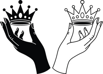 Royal Crown in Hand Vector Illustration Black and White Symbol.