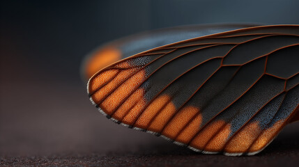 Butterfly wing showing detailed orange and black pattern with intricate veins and scales, macro nature photography and insect anatomy