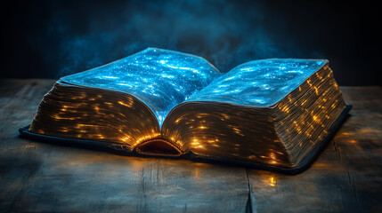 Open book with glowing blue galaxy pages and golden illuminated edges on wooden surface, magical reading and imagination concept