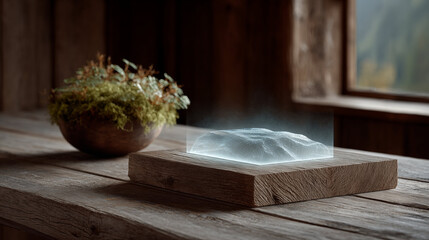 Transparent glass sculpture of mountain landscape on wooden base with plant decoration, modern minimalist home decor and interior design