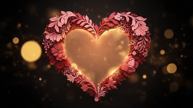 valentinsday 2026 glowing heart surrounded by pink and red floral decorations on dark background with golden bokeh lights with valentine s day ramdan mubarakha
