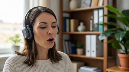 Focused young professional engaging in online meeting with headphones in home office setting