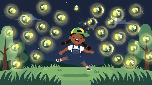 Girl Chasing Fireflies In Cartoon Style Animation With Nature Background Scenery