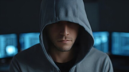 A focused person wearing a dark hoodie with the hood up illuminated by the glow of multiple computer monitors displaying digital data