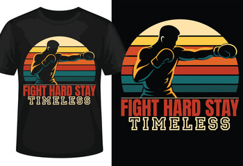 Retro boxing silhouette with sunset stripes and motivational text fighter
