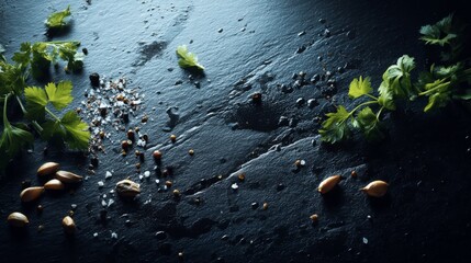 Fresh Herbs, Spices, and Nuts Arranged on a Dark Slate Surface for Culinary Inspiration and Food Photography