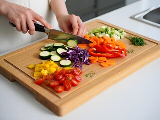 Person chopping colorful vegetables on a wooden cutting board