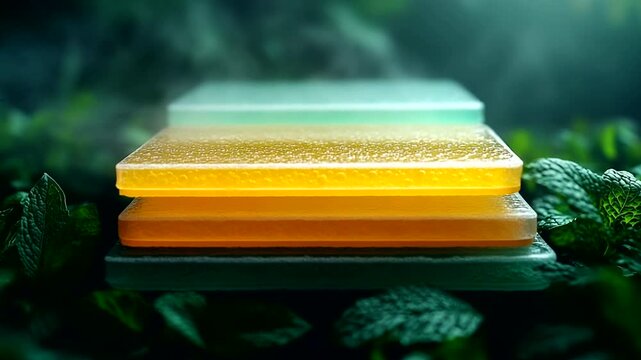 Colorful layered gelatin desserts on lush green leaves