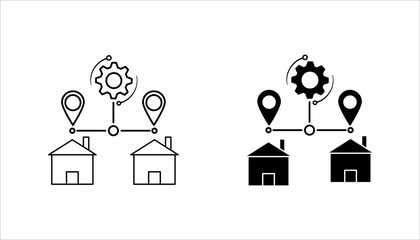 Line icon illustration showing houses connected by location pins and a gear, symbolizing logistics, distribution network, delivery system, and supply chain management.