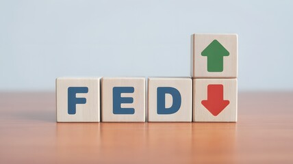 Fed rate hike to curb inflation, Central banking system and interest rate changes. wooden block with FED and up-down arrows icon.