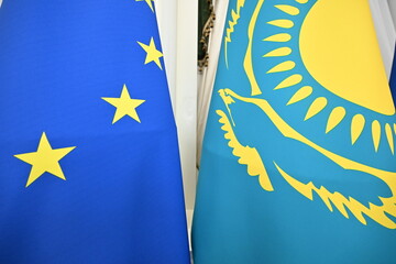 EU flag, Europe, union, flag of Kazakhstan and the European Union, EU, symbol, euro, European Union and Kazakhstan, European Union and Kazakhstan investment, flags, country, flag of Kazakhstan and the