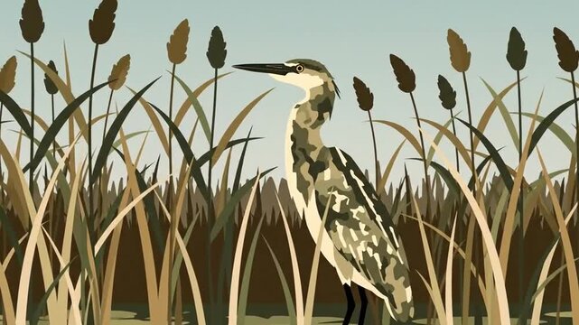 Great Blue Heron Standing Among Cattails Stock Footage Wildlife Background Animation