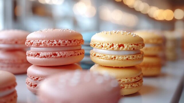 Colorful macarons arranged on display in a bakery