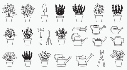 Herb Garden Collection - Potted Herbs and Gardening Tools Line Art Set © Md. Robin Hasan
