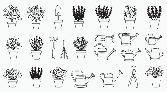 Herb Garden Collection - Potted Herbs and Gardening Tools Line Art Set