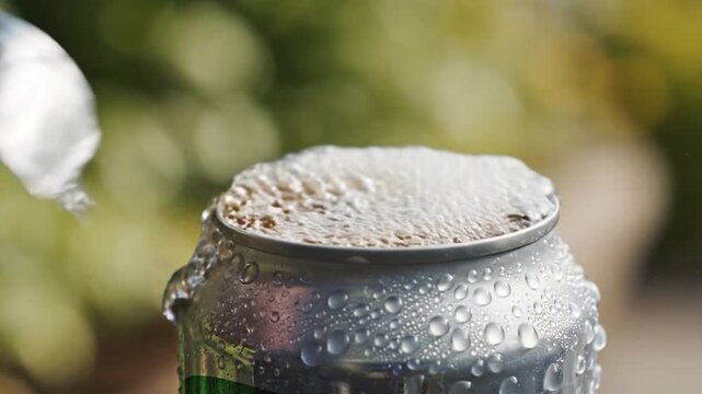 Close up of hand opening a cold, wet soda can outdoors