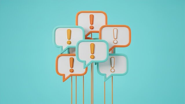 A cluster of 3D speech bubbles with exclamation marks on a light blue background. - Powered by Adobe