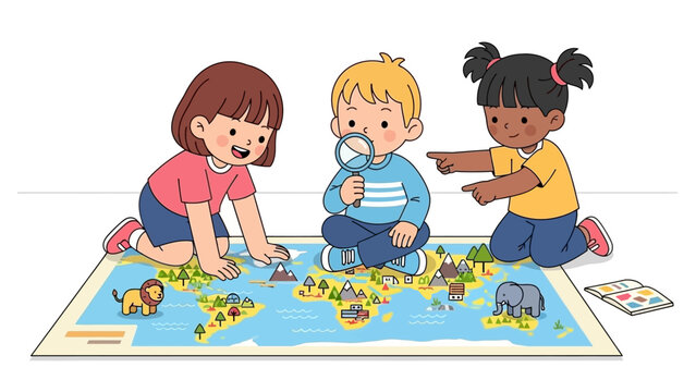 Children exploring a world map with magnifying glass and toy animals.