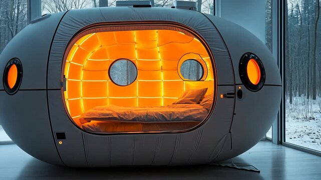 Futuristic oval-shaped bed with orange lighting in a minimalist room with a winter forest view.
