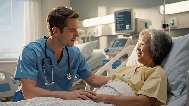 Compassionate nurse in blue scrubs tends an elderly patient in a hospital room. The scene shows care