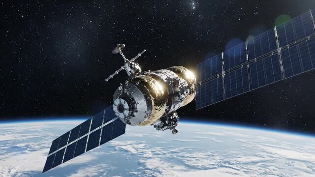 A metallic space capsule with expansive solar-panels orbits Earth, as distant stars twinkling above