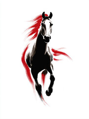 Energetic red ink illustration of a galloping horse