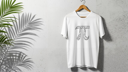 White t-shirt with pi symbol hanging on a wall with plant  