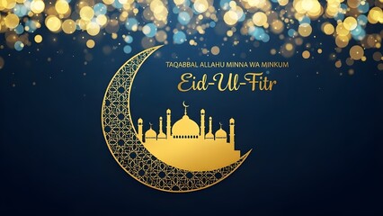 Eid Mubarak celebration with golden crescent moon and mosque silhouette