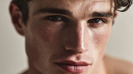 Obraz premium Young man with light skin and dark hair looks directly at the camera with a neutral expression in a simple setting