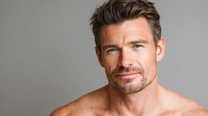 Fototapeta premium Senior man smiles at the camera with short hair and facial hair in a neutral setting during a bright day indoors