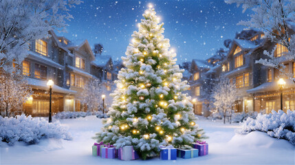 Snowy village street with glowing Christmas tree and gift boxes at night, festive winter holiday atmosphere, cozy lights and falling snow, seasonal celebration background.