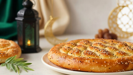 Warm and inviting image of a freshly baked bread, perfect for Ramadan iftar meals, set against a festive backdrop
