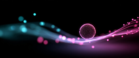 Abstract digital sphere with glowing pink dots and flowing blue and pink light trails on black background