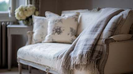 Elegant French style settee with floral upholstery, throw blanket, and decorative pillows creating a cozy home interior