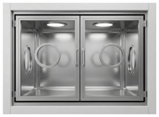 Stainless steel cleanroom pass box with glass doors on a transparent background