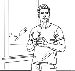 Continuous Line Art Man Holding Coffee Cup At Window Minimalist Illustration