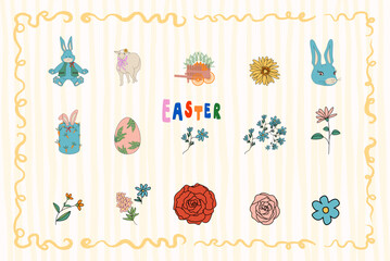 Easter spring nature elements set with rabbits and flowers for greeting cards