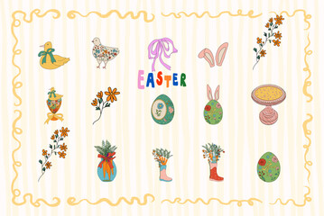Rustic Easter elements and country style spring icons set for textile prints