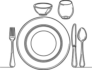 Continuous Line Art Dining Tableware Set Illustration Bold Detailed White Background