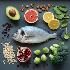Healthy Food Flat Lay with Fresh Fish, Fruits, and Vegetables