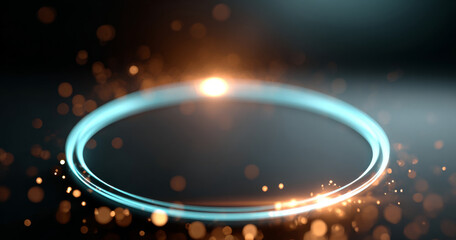 Glowing blue circular light ring with bright orange bokeh particles on dark background, futuristic and abstract digital composition