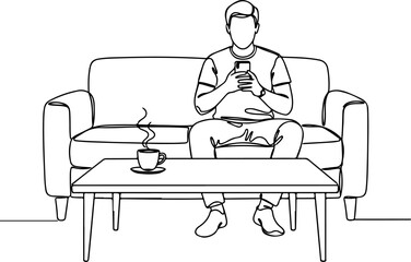 Minimalist Continuous Line Art Man Sitting on Sofa with Coffee Cup